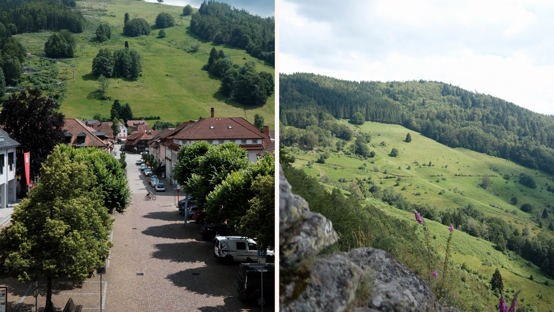 Collage mit einem Bild der Todtnauer Innenstadt mit Ausblick auf das Hasenhorn und einem mit Ausblick vom Hasenhorn ins Grüne.
